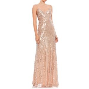 Mac Duggal V-Neck Cross Over Beaded Sequins Spaghetti Strap Gown In Gold Color